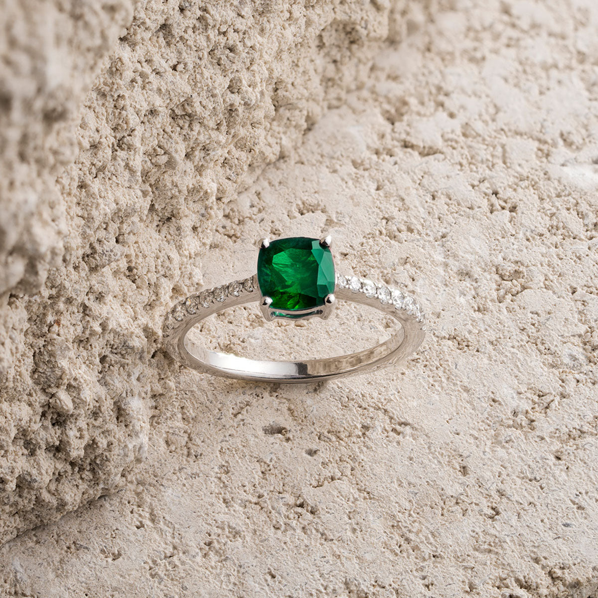 Astra 1.70ct Lab Emerald and Diamond Shoulder Set Cushion Cut Ring in Silver